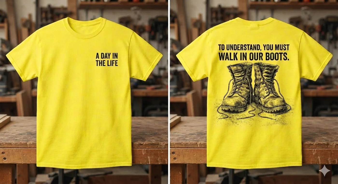 A Day in the Life t-shirt — front: A Day in the Life, back: To understand, you must walk in our boots