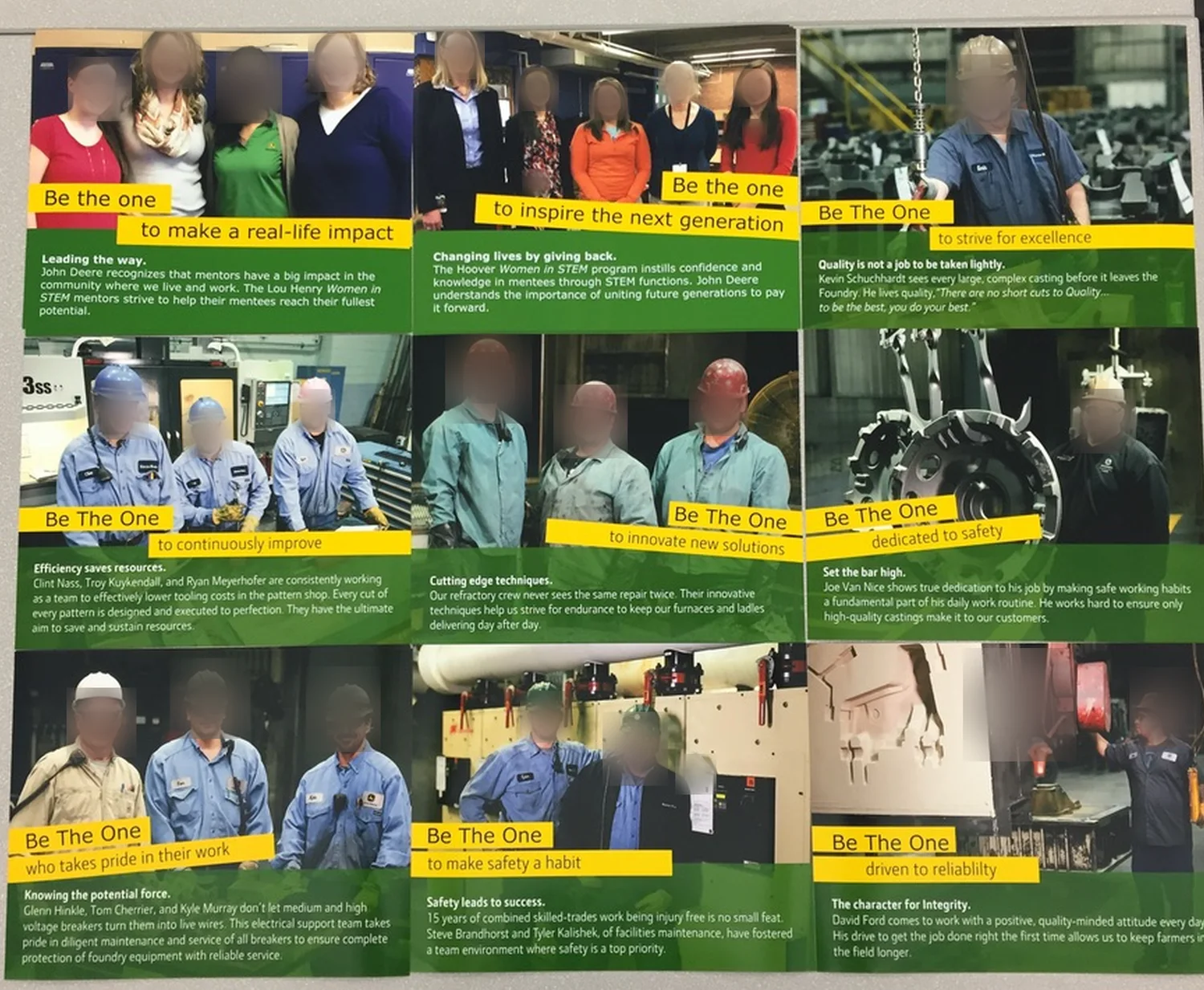 A printed spread of nine Be the One posters laid out together, with employee faces blurred