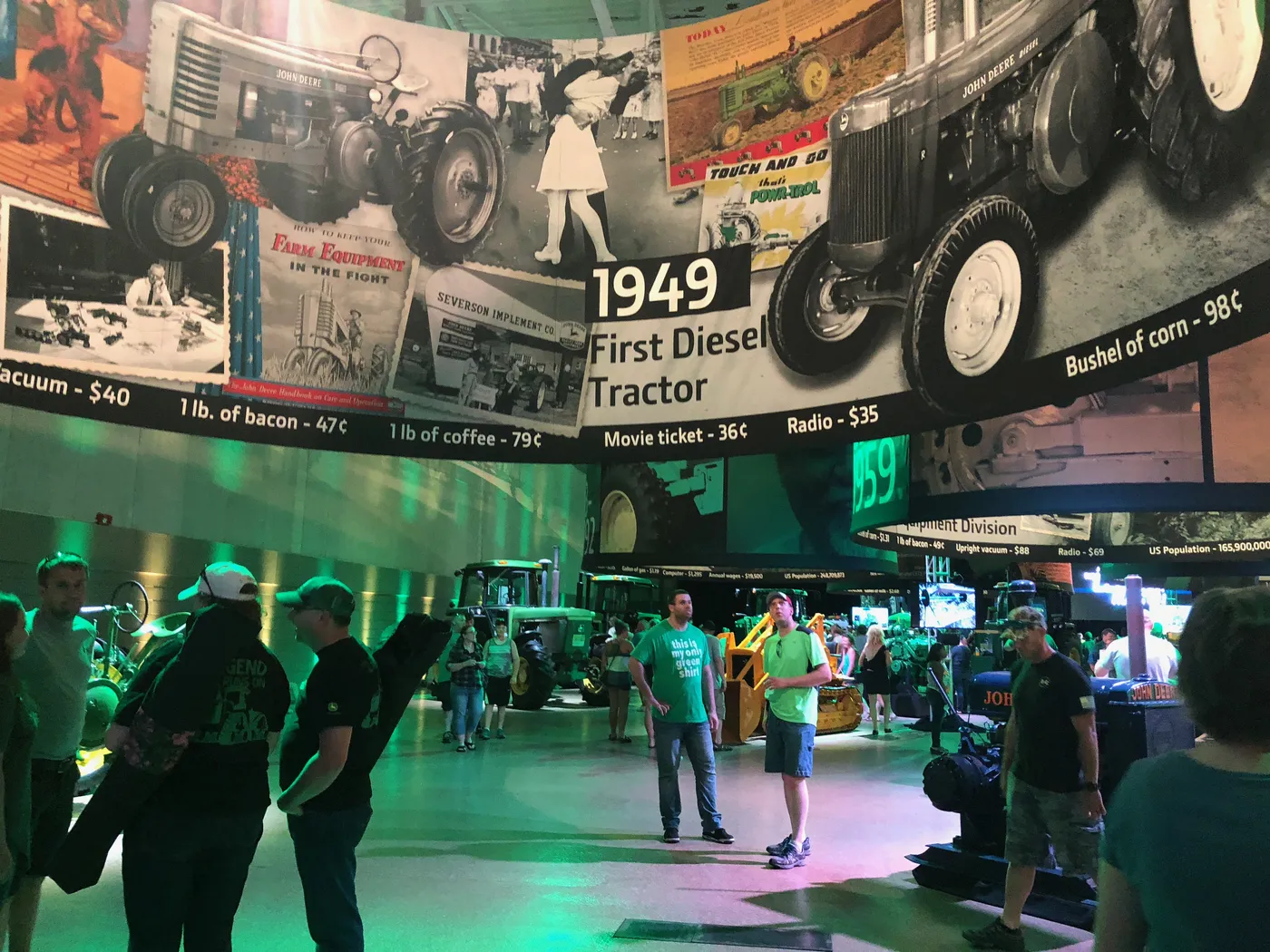 A 175-year retrospective display at the John Deere Pavilion, tracing tractor history decade by decade for the centennial celebration